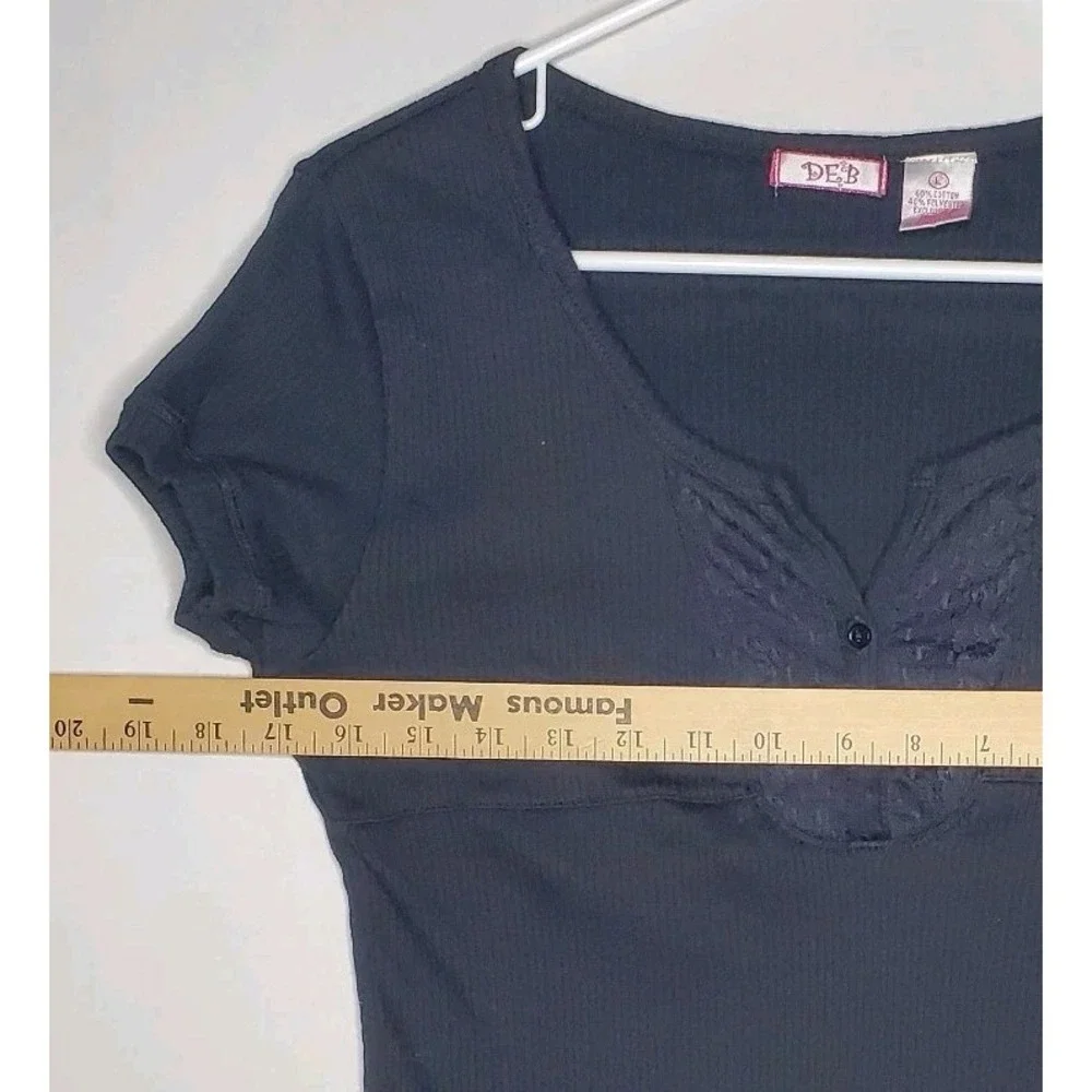 Deb‎ Vtg Ribbed Lace Babydoll Top Women Large Black Button 90s Y2K Grunge Fairy